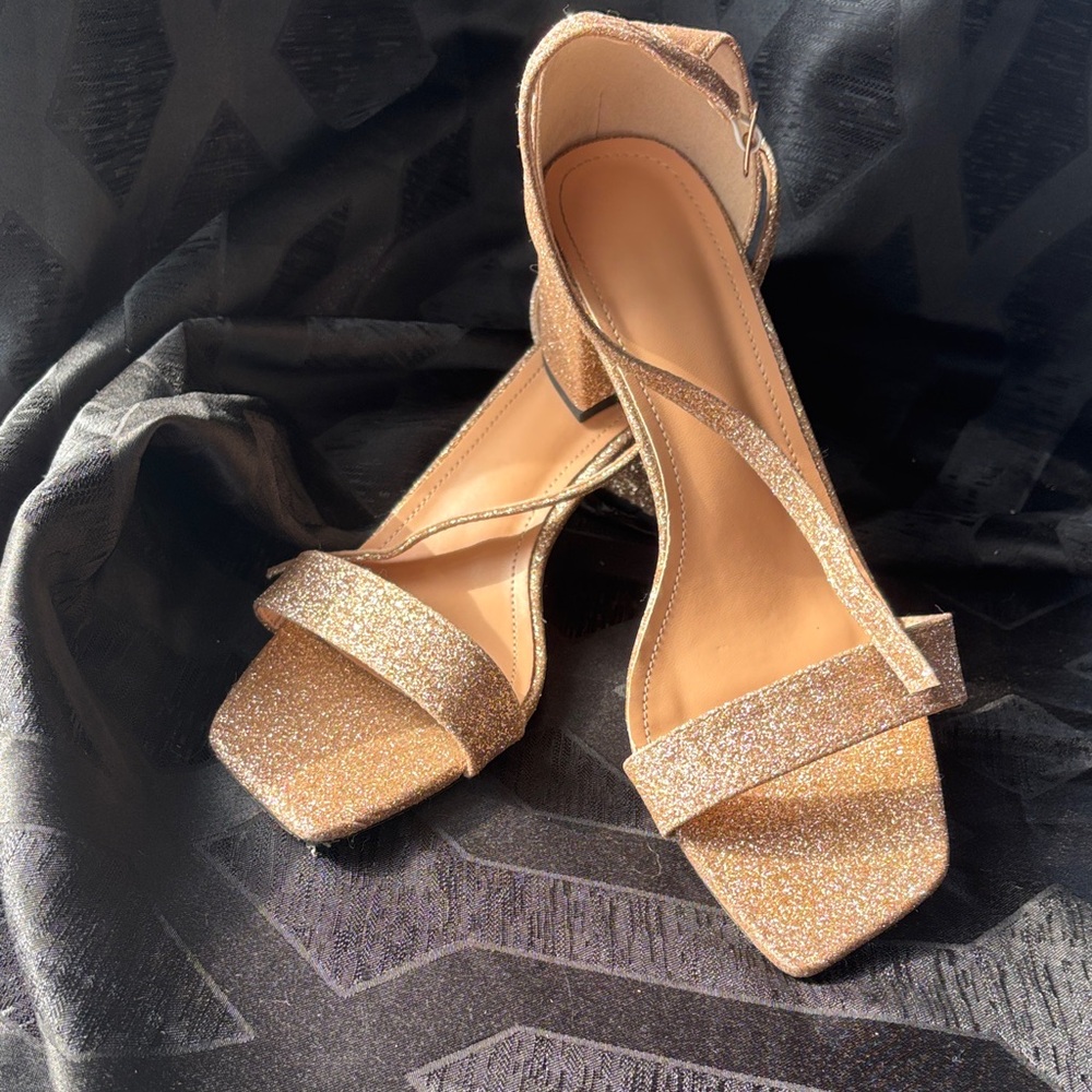 Elegant Gold Glitter Women's Kitten Strap Heels